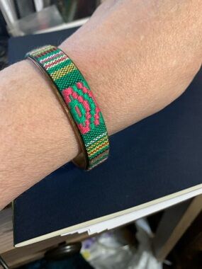 Handwoven Green & Pink Women's Cuff Bracelet